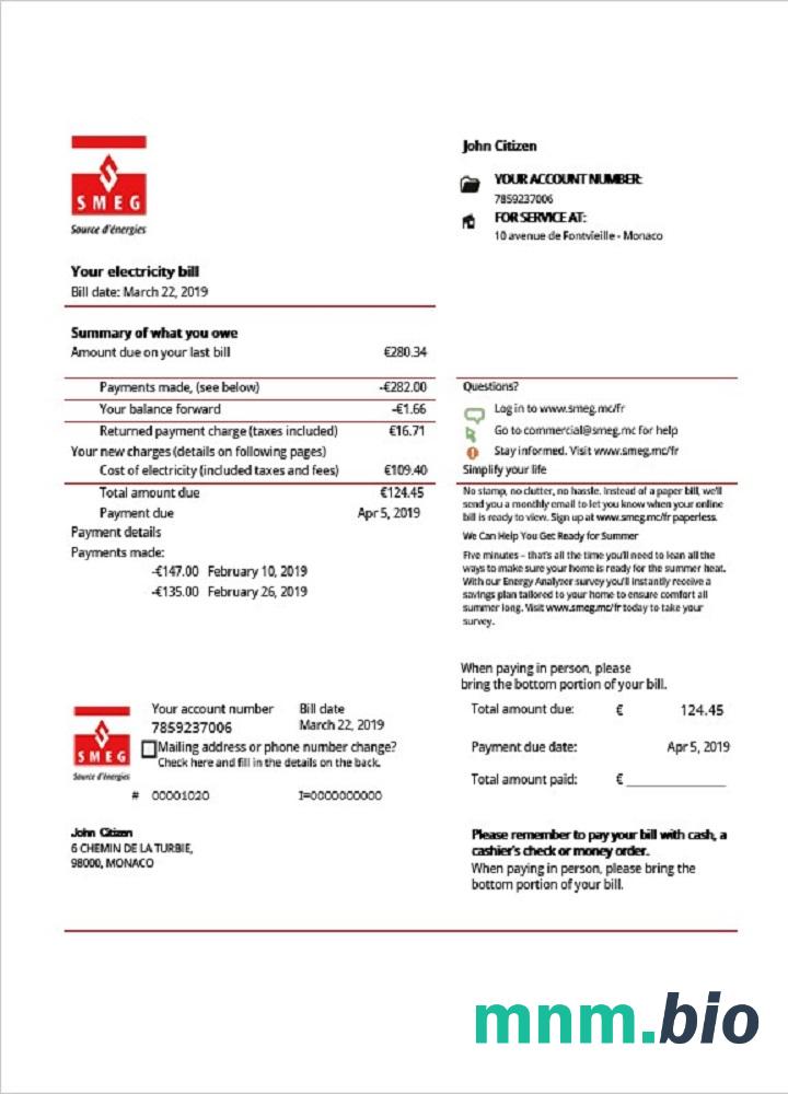 Monaco SMEG elektryczność rachunek za media szablon w formacie Word i PDF